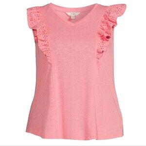 Women 2X Pink Eyelet Ruffle Sleeve Top V Neck Casual Summer Shirt Lightweigh NEW
